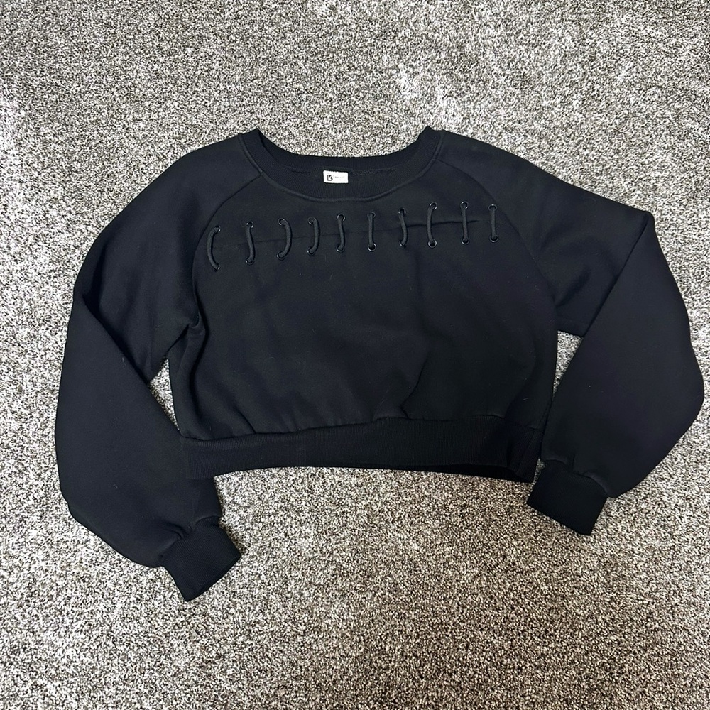 BuffBunny Black Cropped Sweatshirt with Lace-Up Detail